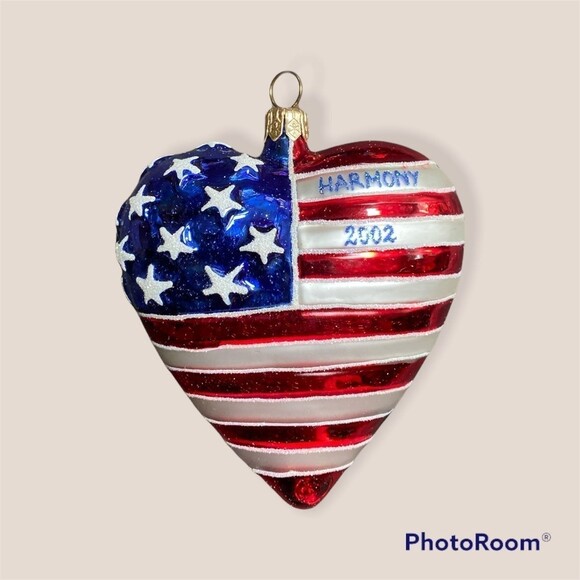 3pc Patriotic Ornaments Poland 2002 Winterthur Museum Flag Star Heart w/ Box - Picture 3 of 8